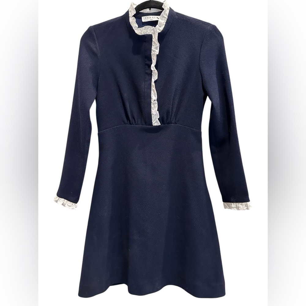 Sandro Natalia Navy Ruffle Trim Mini Dress Size Small